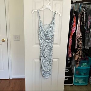 Shein White Blue Floral Ribbed Body Con Wrap Dress